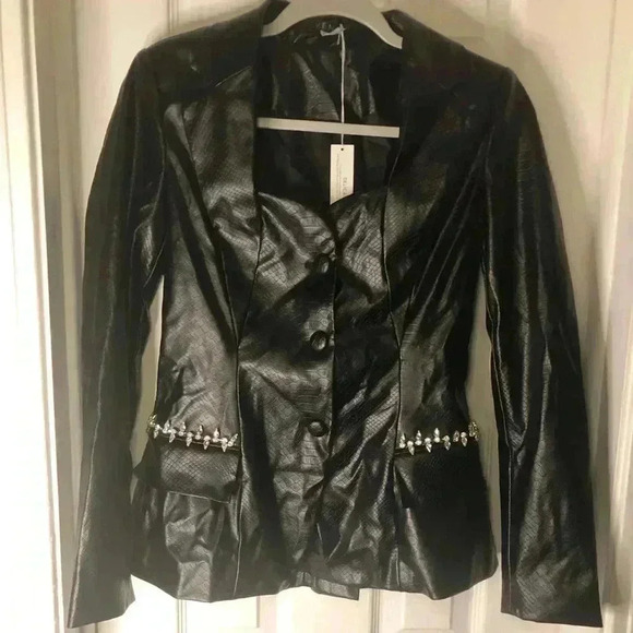 Chic Black Leather Jacket.  
Snake Embossed Faux Leather Embellished Blazer - Picture 8 of 17